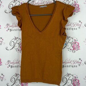 H&M Ruffled Sleeve V-Neck Blouse tan rust orange ruffle tank top sleeves